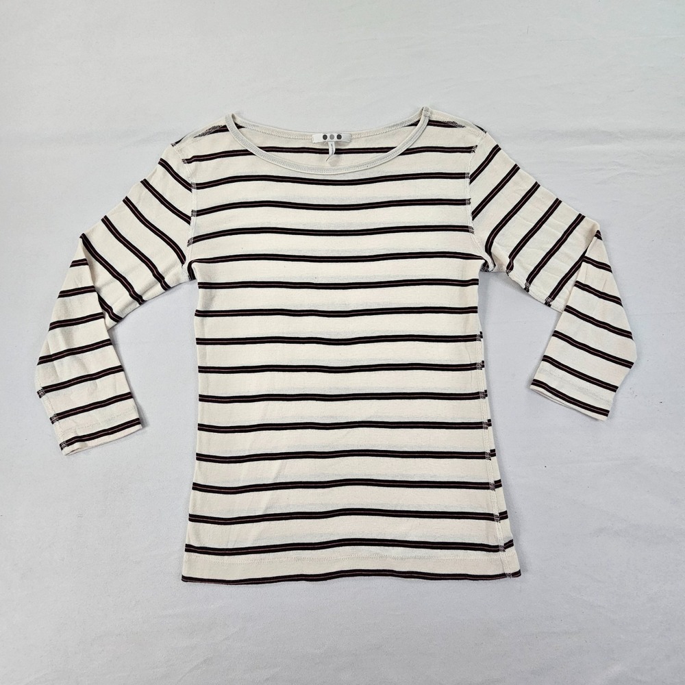 Three Dots Womens Small Striped Knit Top 3/4 Sleeve Cotton Modal Boat Neck